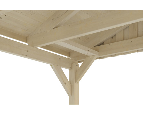 Vue détaillée d''un pavillon en bois avec des piliers de soutien et une structure de toit
