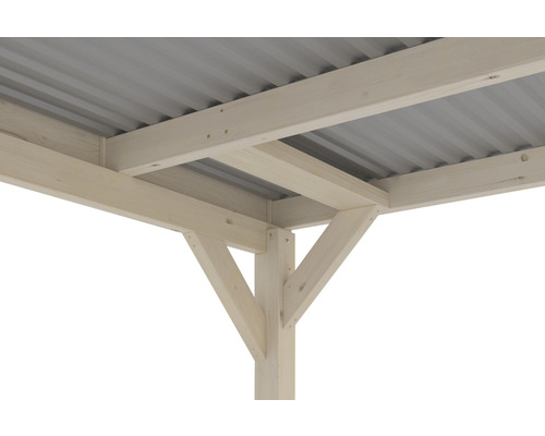 Vue détaillée d''un pavillon de jardin en bois avec toit métallique