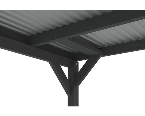 Vue détaillée d''une pergola en bois grise avec un toit en métal