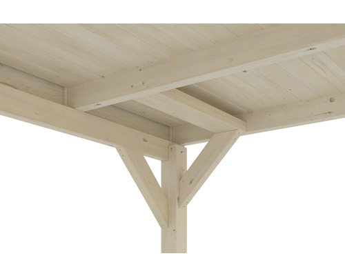 Vue détaillée d''une pergola en bois avec poteaux et structure de toit
