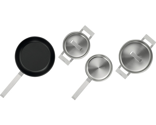 Vue de dessus d''un set de casseroles avec poêle à frire et casseroles avec couvercle.