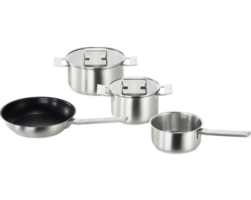 Batterie de cuisine en acier inoxydable composée de casseroles avec couvercles, d''une poêle à frire et d''une casserole à manche