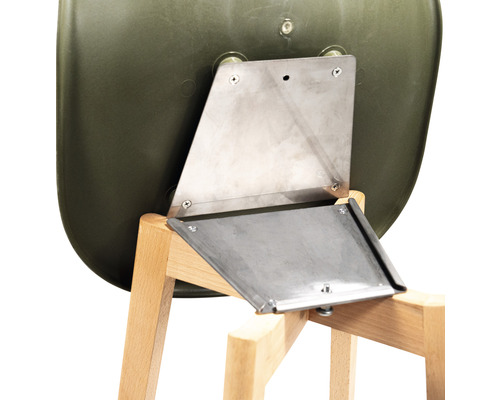 Vue détaillée d''une structure de chaise avec pieds en bois et fixation métallique