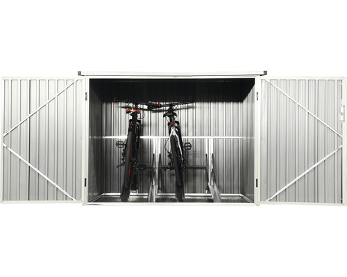 Garage à vélos avec deux vélos et portes ouvertes