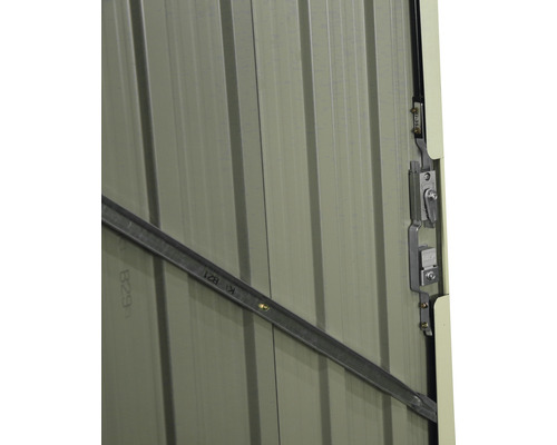 Vue détaillée d''une cabane de jardin en métal avec mécanisme de fermeture et entretoises