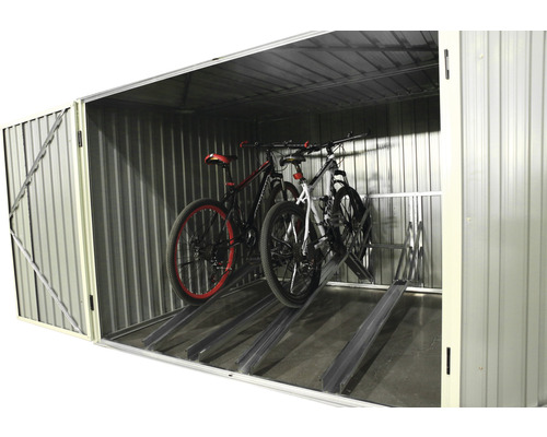 Box à vélos en métal avec deux vélos et un support à vélos