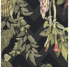 Tapete mit Pflanzen- und Blumenmuster auf geometrischem Hintergrund