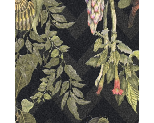 Tapete mit Pflanzen- und Blumenmuster auf geometrischem Hintergrund