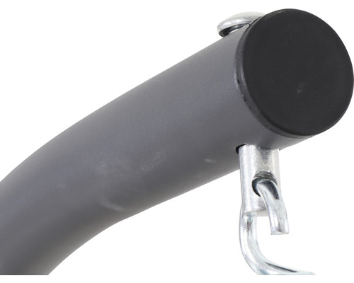 Vue détaillée d''un support de fauteuil suspendu gris avec un embout noir et un crochet argenté