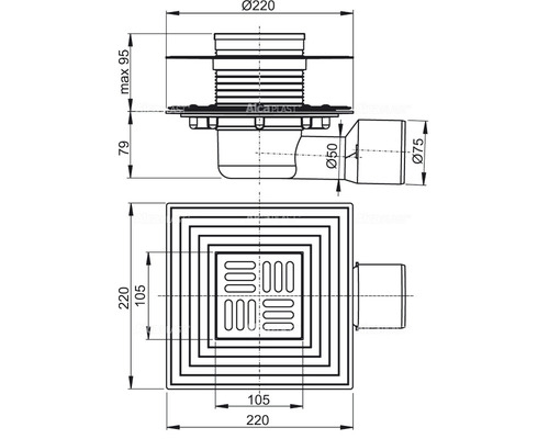 Technische Zeichnung eines Bodenablaufs mit quadratischem Aufsatz und Abmessungen