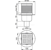Bodenablauf 105 × 105 mm, mit senkrechten Abgang DN 50 mm, Edelstahl Rost, Kombi- Geruchsverschluss SMART