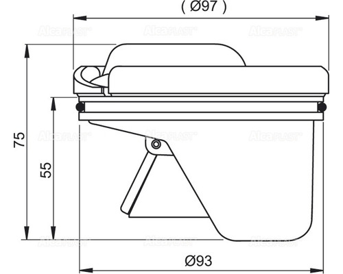 Technische Zeichnung eines Geräteanschlusskastens mit den Maßen 75, 97 und 93 Millimeter