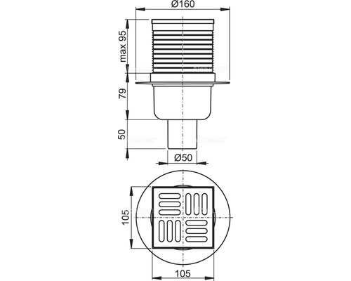 Technische Zeichnung eines Bodenablaufs mit den Maßen Höhe maximal 95 mm, Durchmesser Ablaufrohr 50 mm, Durchmesser Flansch 160 mm und Rost 105 mm.
