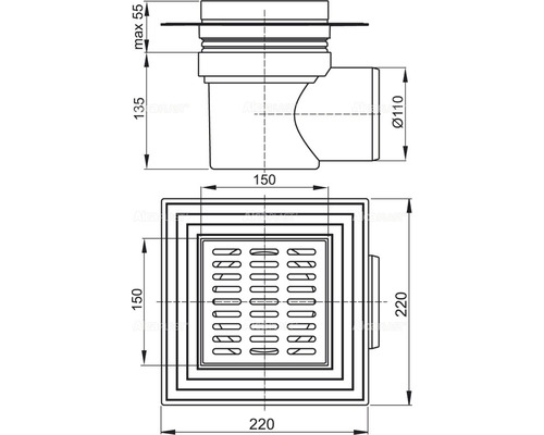 Technische Zeichnung eines Bodenablaufs mit Maßen