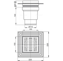 Dessin technique d''une bonde de sol avec couvercle carré et indications de dimensions