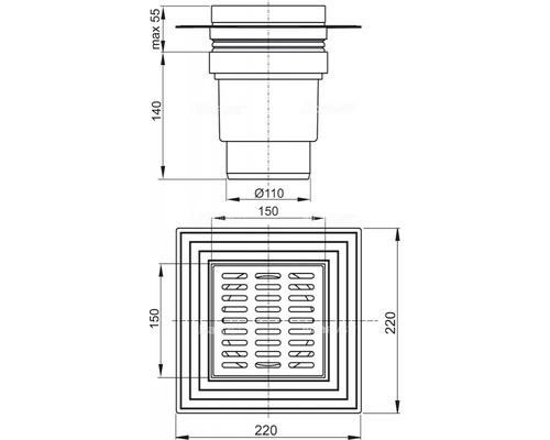 Dessin technique d''une bonde de sol avec couvercle carré et indications de dimensions
