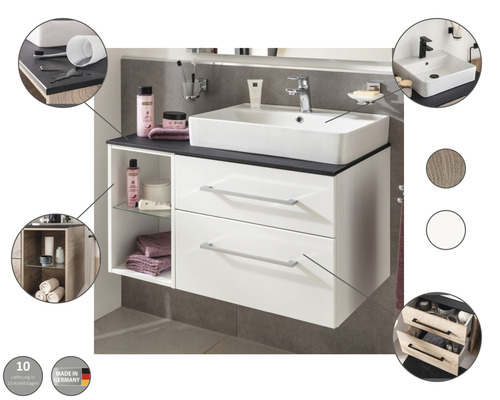 Ensemble de meubles de salle de bains avec lavabo, deux tiroirs et une étagère