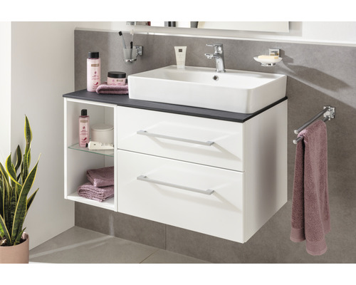 Meuble-lavabo de salle de bains avec deux tiroirs, compartiment de rangement et vasque à poser