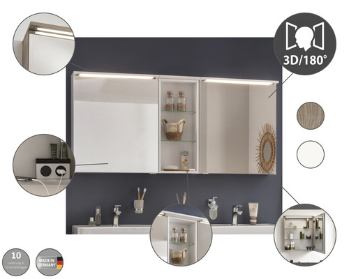 Armoire de toilette avec éclairage, prise et étagères pour la salle de bain