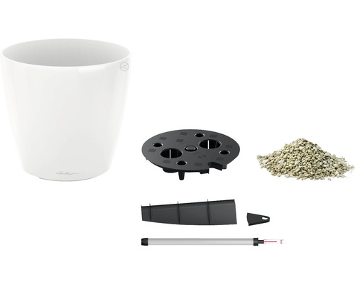 Composants d''un ensemble de pots de fleurs : pot, insert d''irrigation, substrat, indicateur de niveau