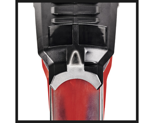 Detailansicht eines Werkzeugs mit schwarzem Kunststoffgehäuse und rotem Griff