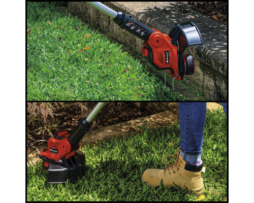 Image en deux parties d''un coupe-bordure sans fil Einhell utilisé pour tailler les bordures et couper l''herbe