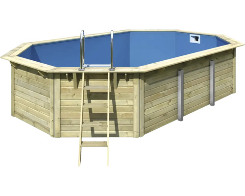 Kit piscine en bois massif Karibu X4 octogonal Ø 632,5x124 cm incl. voile de fond bleu