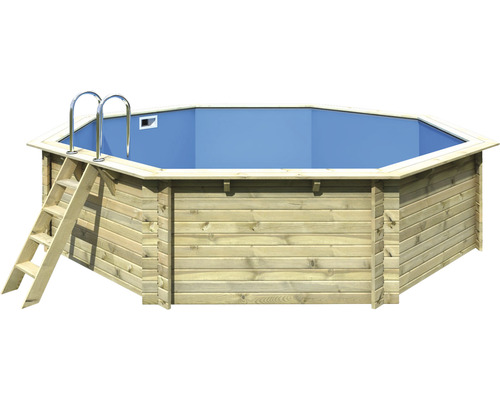 Kit piscine en bois massif Karibu modèle 3 variante A octogonale Ø 592x124 cm incl. voile de fond bleu