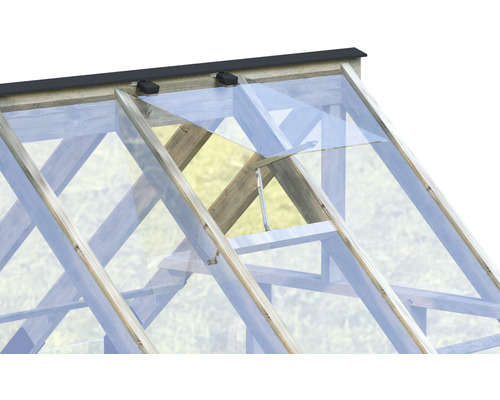 Vue détaillée du toit de serre avec fenêtre et mécanisme d''ouverture