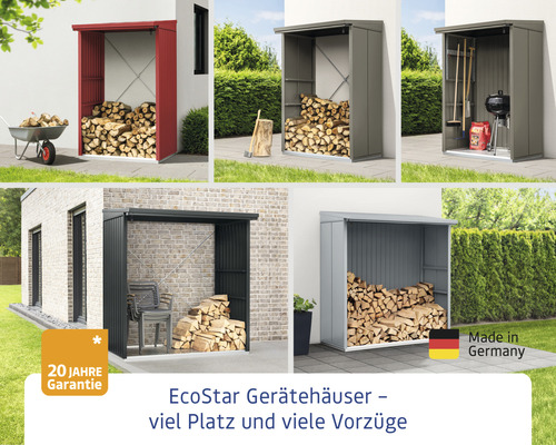 Mehrere Ansichten von EcoStar Gerätehäusern zur Aufbewahrung von Holz und Gartengeräten