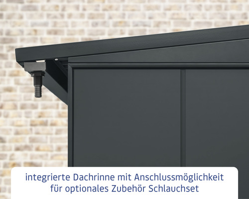 Integriertes Dachrinnensystem mit Anschlussmöglichkeit für optionales Schlauchset am Gerätehaus