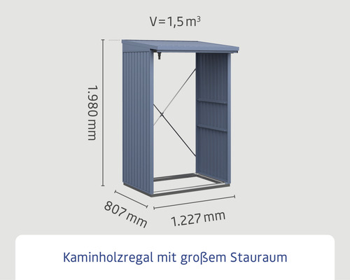 Kaminholzregal mit Maßangaben für Höhe, Breite und Tiefe