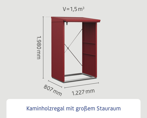 Kaminholzregal mit den Maßen 1980 Millimeter Höhe, 807 Millimeter Breite und 1227 Millimeter Tiefe