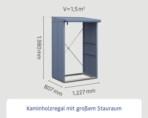 Kaminholzregal mit den Maßen 1.980 mm Höhe, 807 mm Tiefe und 1.227 mm Breite