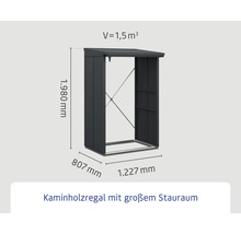 Kaminholzregal mit den Maßen 1.980 mm Höhe, 807 mm Breite und 1.227 mm Tiefe für 1,5 Kubikmeter Brennholz