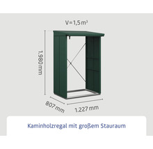 Kaminholzregal mit den Maßen 1980 mm Höhe, 807 mm Tiefe und 1227 mm Breite