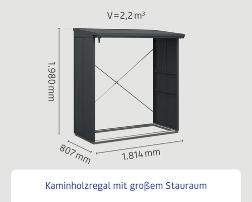 Kaminholzregal mit Volumenangabe und Größenangaben