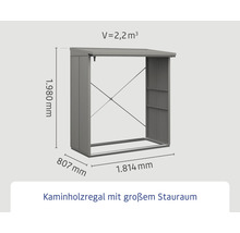 Kaminholzregal mit Maßangaben: 1.980 mm Höhe, 807 mm Tiefe, 1.814 mm Breite und 2,2 Kubikmeter Volumen