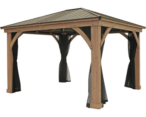 Pavillon de jardin en bois avec toit métallique et rideaux