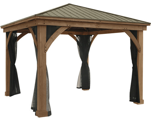 Pavillon en bois avec toit métallique et pans de tissu