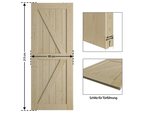 Holztür mit diagonaler Verstrebung, Masse: 215 cm Höhe, 95 cm Breite, 38 mm Nut für Türführung