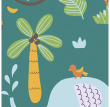 Tapete mit Dschungelmotiven, darunter Palmen und ein Vogel