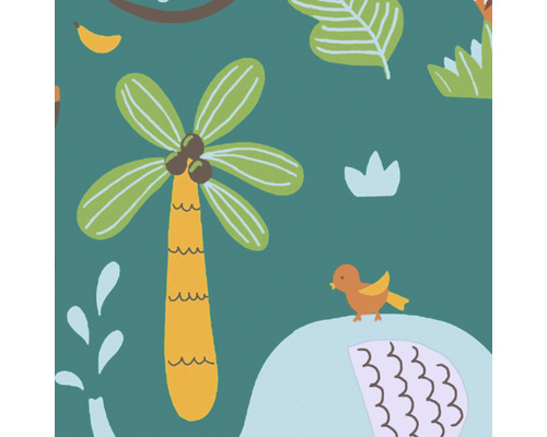 Tapete mit Dschungelmotiven, darunter Palmen und ein Vogel