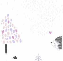 Illustration avec hérisson, arbres et cœurs