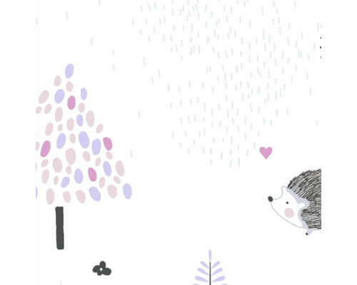 Illustration avec hérisson, arbres et cœurs