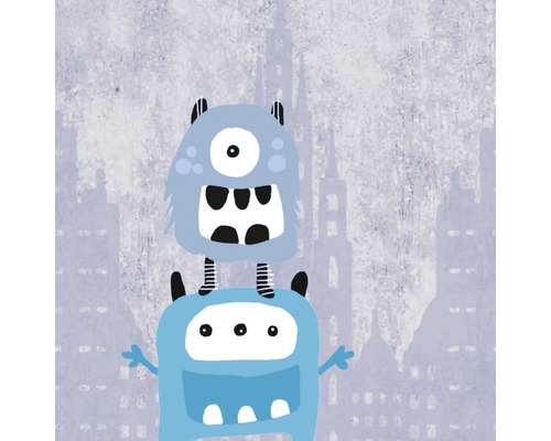 Illustration von zwei Cartoon Monstern vor einem Hintergrund mit Stadtsilhouette.