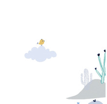 Illustration avec un oiseau sur un nuage et des cactus