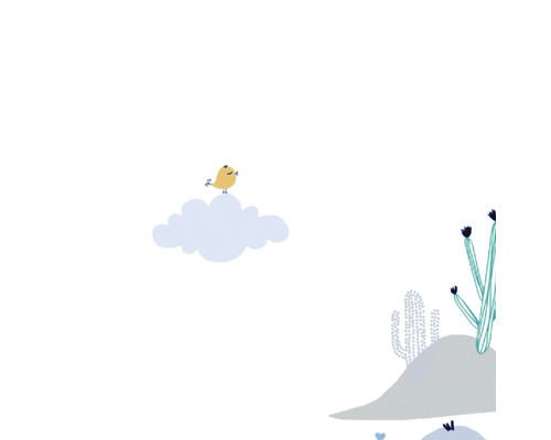 Illustration avec un oiseau sur un nuage et des cactus