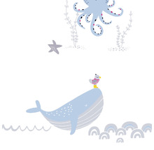 Illustration avec poulpe, baleine, étoile de mer et mouette pour la décoration murale