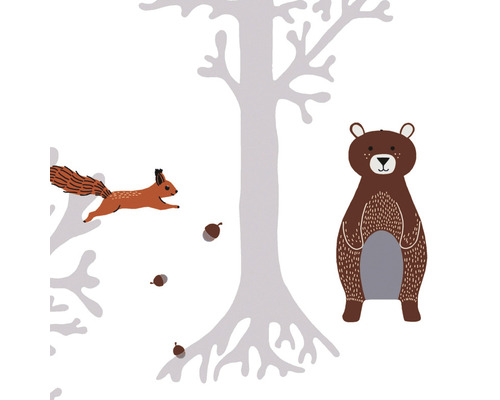 Illustration mit Bäumen, Eichhörnchen, Bär und Eicheln